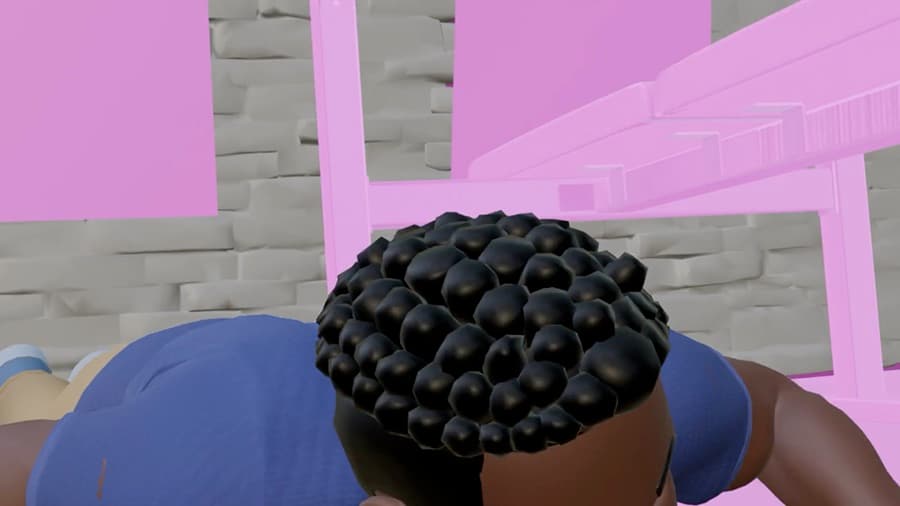 Animation blockout CH_END_SQ001 shot 002 — an overhead angle on Reggie in a blue shirt, gym set blocked in flat magenta and grey.