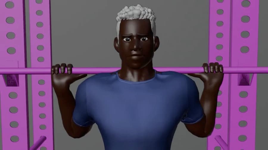 Animation blockout CH_GM_SQ001 shot 004 — Reggie at a pull-up bar in a blue shirt, the gym rig blocked in magenta and grey.