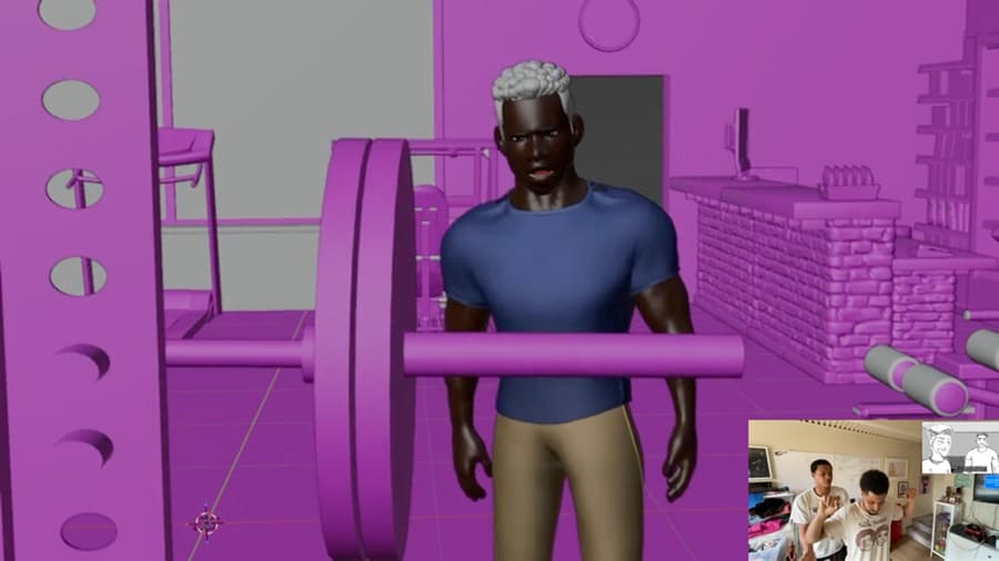 Animation blockout CH_GM_SQ001 shot 006 — Reggie lifting a barbell in the blocked gym, with the live-action reference the shot was animated from playing in the corner.