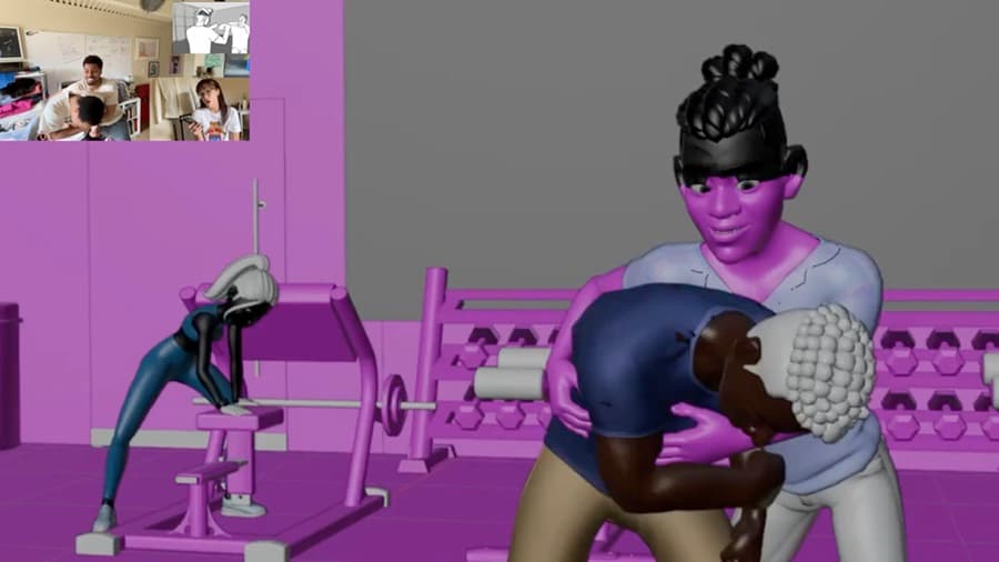 Animation blockout CH_GM_SQ001 shot 010 — two characters closing on Reggie in the blocked gym, with the live-action reference the shot was animated from playing in the corner.