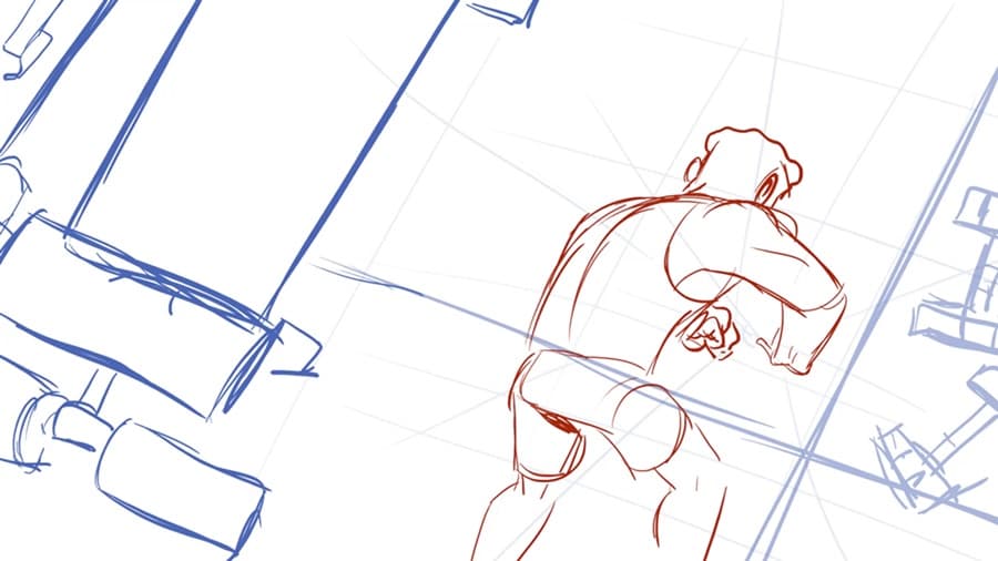 Storyboard sequence CH_END_SQ001 — red line figure working out among blue-grey gym equipment, drawn in perspective.