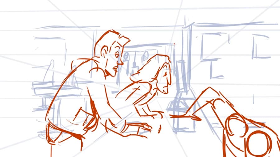 Storyboard sequence CH_FC_SQ001 — red line figures over blue-grey environment layouts, two characters talking across a gym floor.