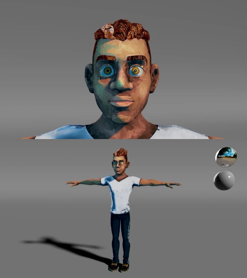Brian, textured — a close pass on the face above a full-body turnaround in a white tee, with lighting reference spheres beside it.