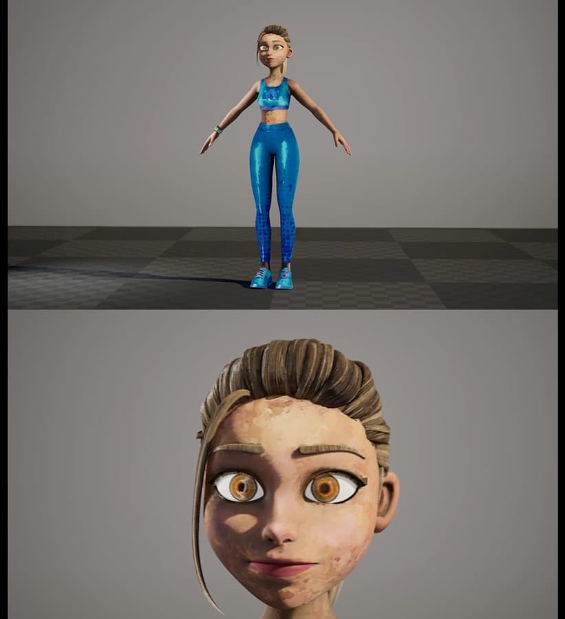 The gym worker, textured — a full-body turnaround in blue training kit above a close pass on the face.