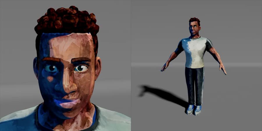 Reggie, textured — a painterly close pass on the face beside a full-body turnaround in a white tee and dark jeans.