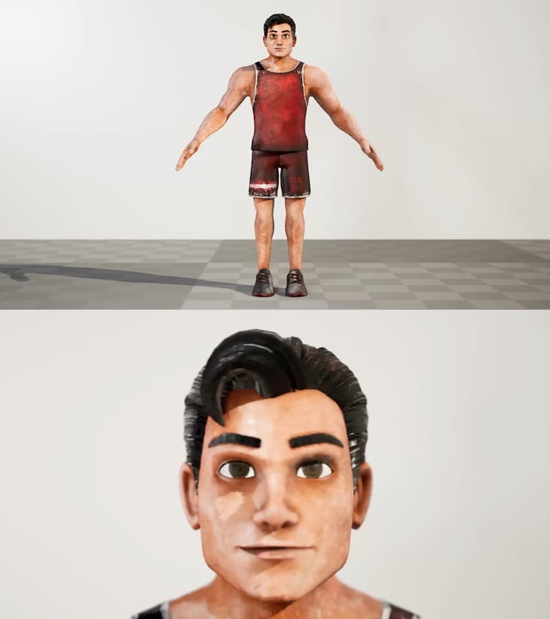 Zach, textured — a full-body turnaround in a red vest and shorts above a close pass on the face.