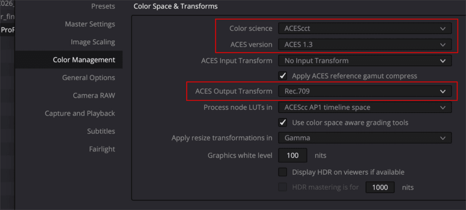 DaVinci Resolve Project Settings, Color Management panel. Color science is set to ACEScct, ACES version to ACES 1.3, ACES Input Transform to No Input Transform, Apply ACES reference gamut compress is ticked, and ACES Output Transform is Rec.709.