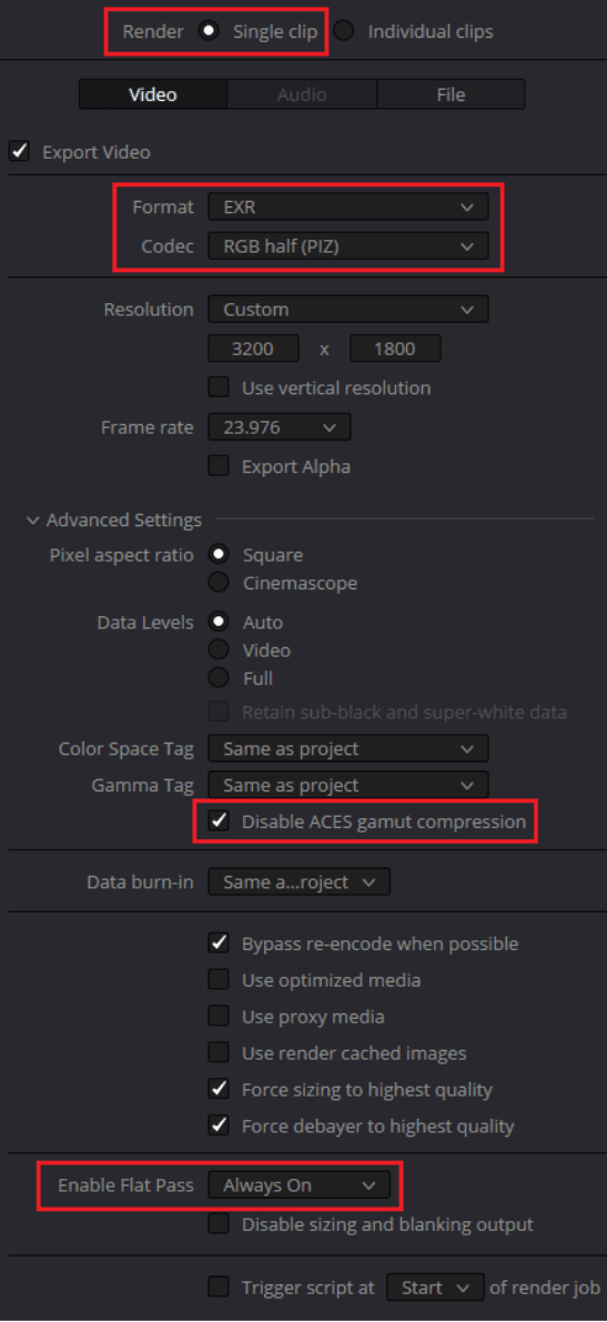 The DaVinci Resolve Deliver page render settings. Render is set to Single clip, Format EXR, Codec RGB half (PIZ), Disable ACES gamut compression ticked, and Enable Flat Pass set to Always On — each boxed in red.