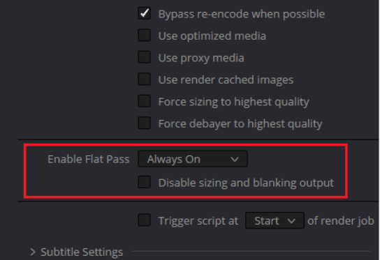 Advanced render settings on the DaVinci Resolve Deliver page, with Enable Flat Pass set to Always On and boxed in red.