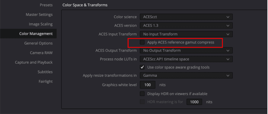 The DaVinci Resolve Color Management panel with the Apply ACES reference gamut compress checkbox unticked and boxed in red.