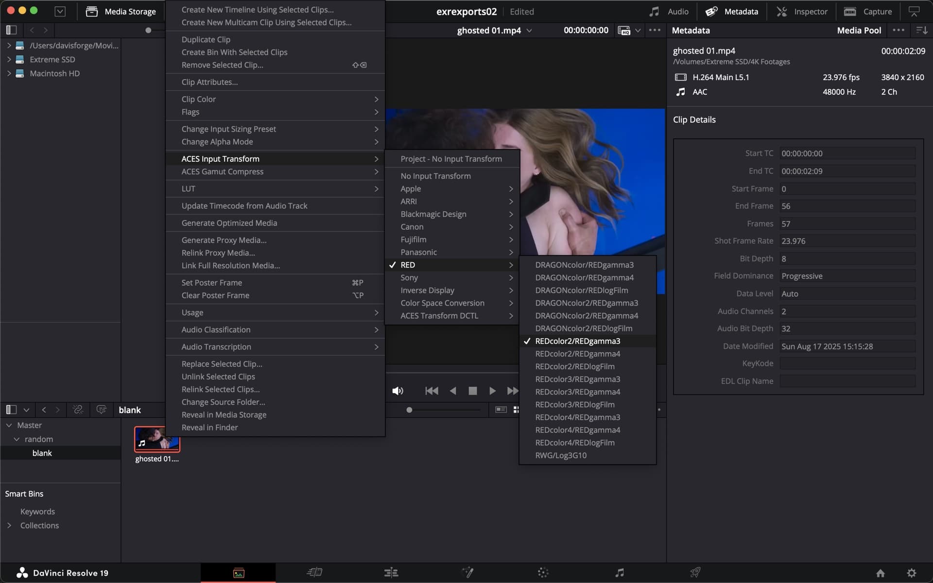 The DaVinci Resolve Media Pool right-click menu, open on ACES Input Transform. The submenu lists camera manufacturers — Apple, ARRI, Blackmagic Design, Canon, Fujifilm, Panasonic, RED, Sony — with RED expanded and REDcolor2/REDgamma3 ticked.
