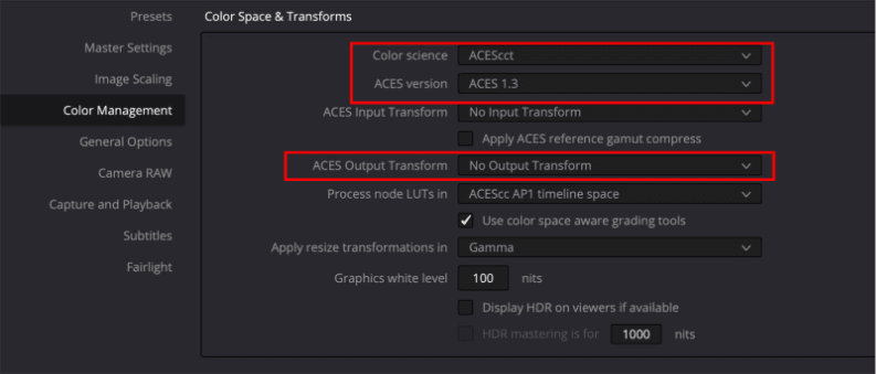 The DaVinci Resolve Color Management panel with ACES Output Transform set to No Output Transform, boxed in red, alongside Color science ACEScct and ACES version 1.3.